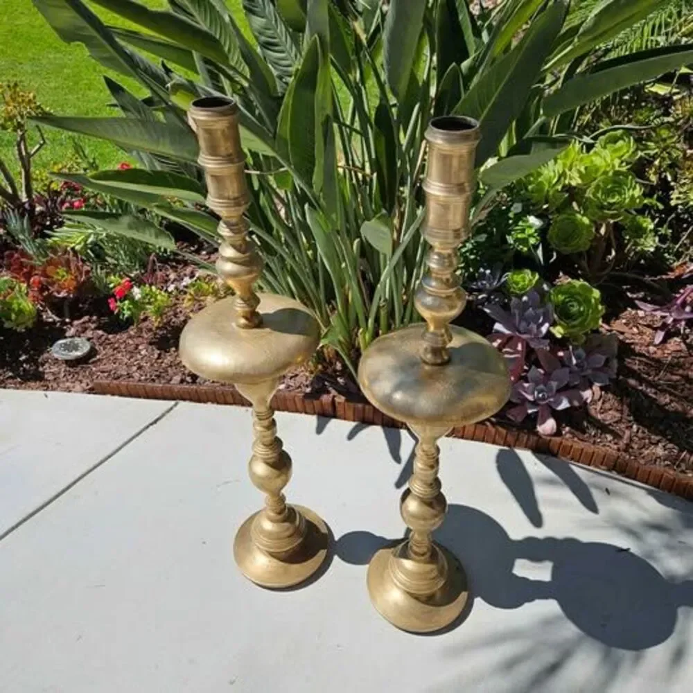 Vintage Pair of XLarge Etched Brass Floor Candle Holders